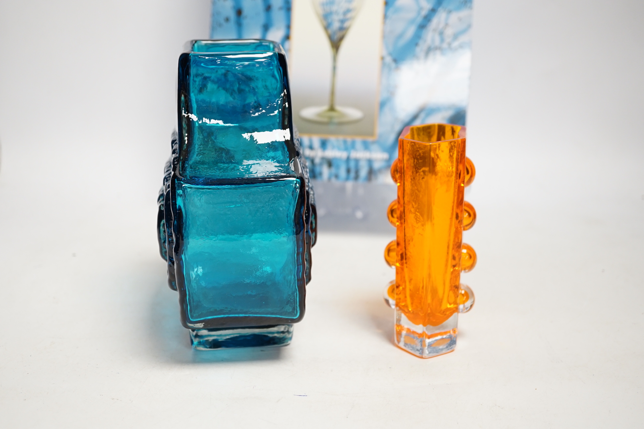 A Whitefriars kingfisher blue TV vase and tangerine Traffic Light vase and related reference book, kingfisher vase 16cm wide, 18cm high